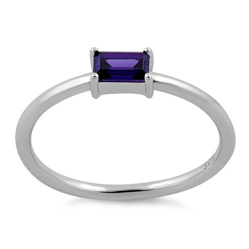 Sterling Silver Dainty Baguette Straight Amethyst CZ Ring