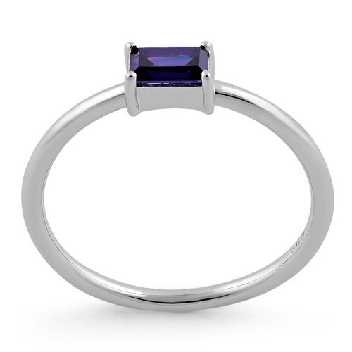 Sterling Silver Dainty Baguette Straight Amethyst CZ Ring