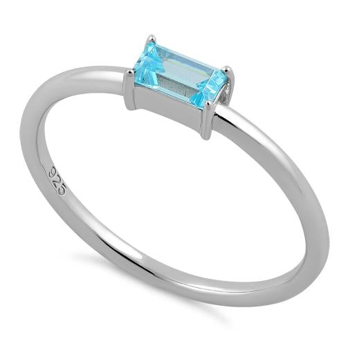 Sterling Silver Dainty Baguette Straight Aquamarine CZ Ring