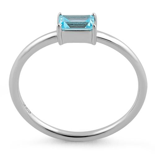Sterling Silver Dainty Baguette Straight Aquamarine CZ Ring