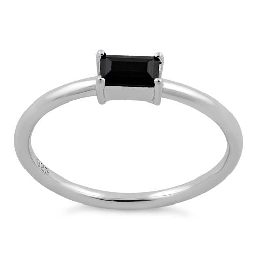 Sterling Silver Dainty Baguette Straight Black CZ Ring