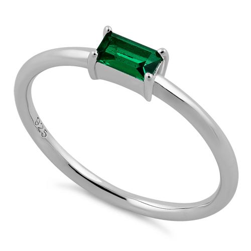 Sterling Silver Dainty Baguette Straight Emerald CZ Ring