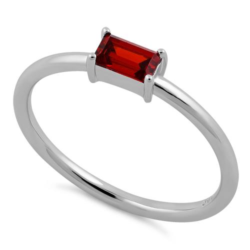 Sterling Silver Dainty Baguette Straight Garnet CZ Ring