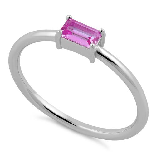 Sterling Silver Dainty Baguette Straight Pink CZ Ring