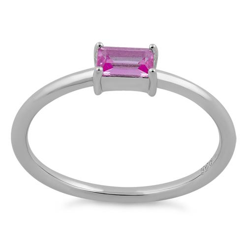 Sterling Silver Dainty Baguette Straight Pink CZ Ring