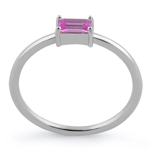 Sterling Silver Dainty Baguette Straight Pink CZ Ring