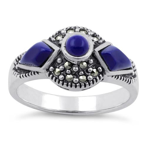Sterling Silver Blue Lapis Round Halo Marcasite Ring