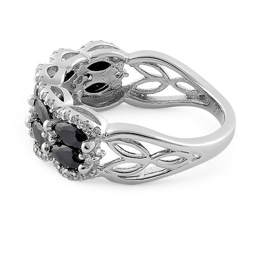 Sterling Silver Decorative Marquise & Round Cut Black CZ Ring
