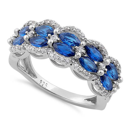 Sterling Silver Decorative Marquise & Round Cut Blue Spinel CZ Ring