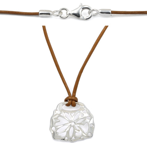 Sterling Silver Diamond Cut Flower with Brown Leather Cord Necklace