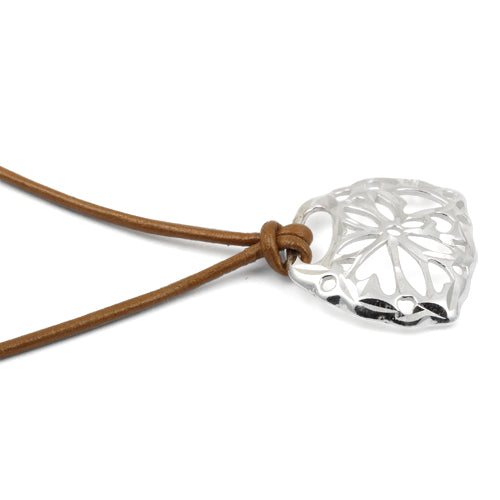 Sterling Silver Diamond Cut Flower with Brown Leather Cord Necklace