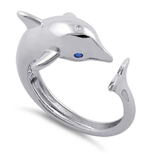 Sterling Silver Dolphin Blue CZ Ring