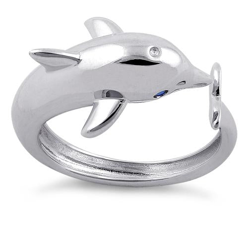 Sterling Silver Dolphin Blue CZ Ring