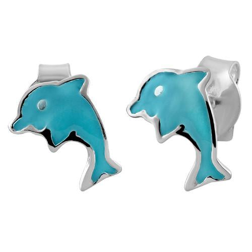 Sterling Silver Blue Enamel Dolphin Earrings