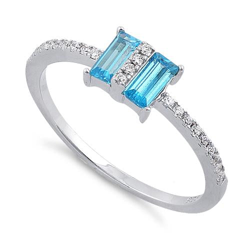 Sterling Silver Double Baguette Straight Cut Blue Topaz & Clear CZ Ring