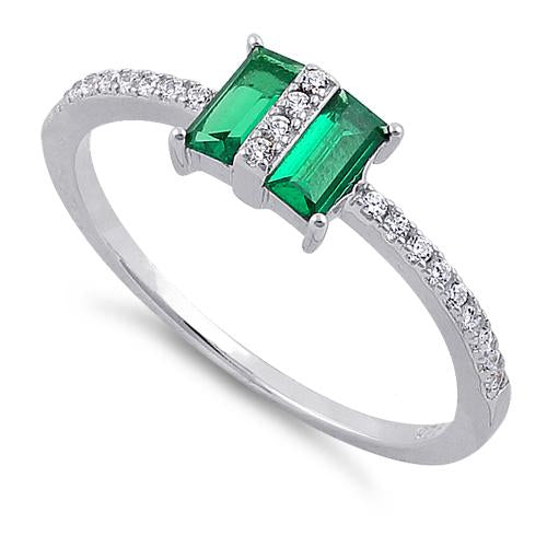 Sterling Silver Double Baguette Straight Cut Emerald & Clear CZ Ring