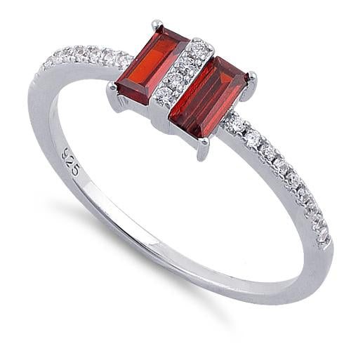 Sterling Silver Double Baguette Straight Cut Garnet & Clear CZ Ring