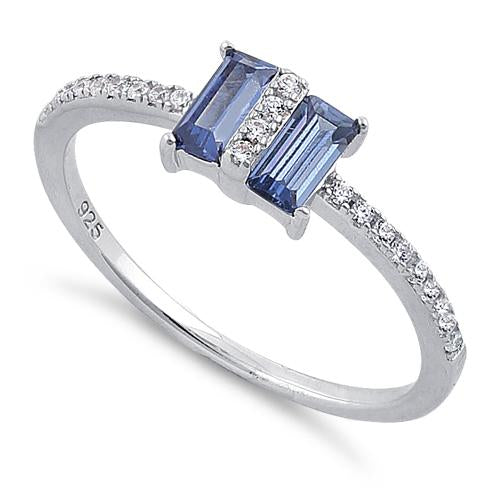 Sterling Silver Double Baguette Straight Cut Tanzanite & Clear CZ Ring