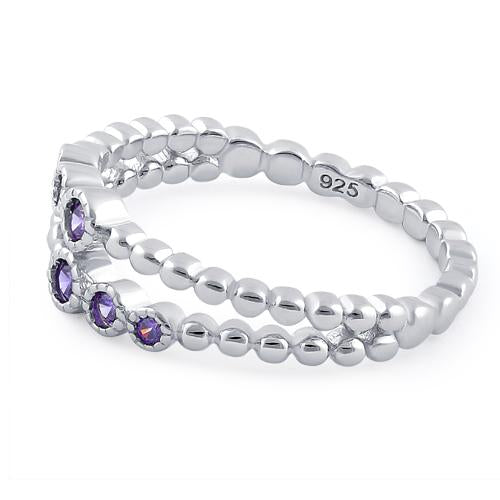 Sterling Silver Double Beaded Amethyst CZ Ring