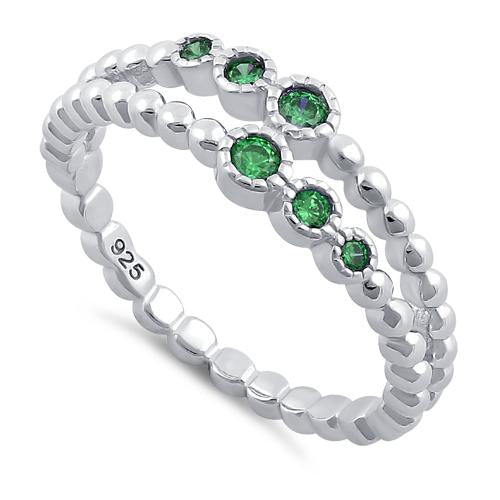 Sterling Silver Double Beaded Emerald CZ Ring