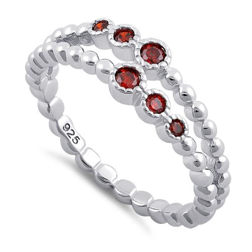 Sterling Silver Double Beaded Garnet CZ Ring