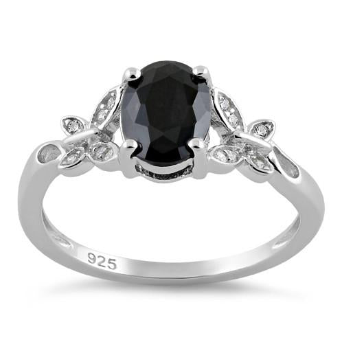 Sterling Silver Double Butterfly Black Center Stone CZ Ring