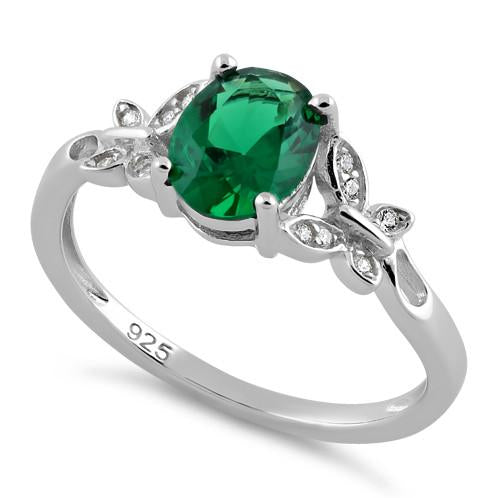 Sterling Silver Double Butterfly Emerald Center Stone CZ Ring