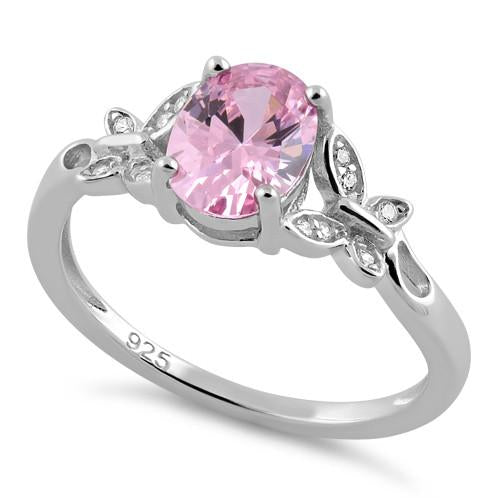 Sterling Silver Double Butterfly Pink Center Stone CZ Ring