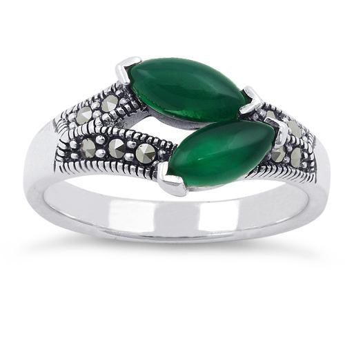 Sterling Silver Double Green Agate Seed Marcasite Ring