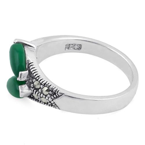 Sterling Silver Double Green Agate Seed Marcasite Ring
