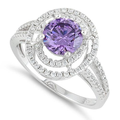 Sterling Silver Double Halo Round Amethyst CZ Ring