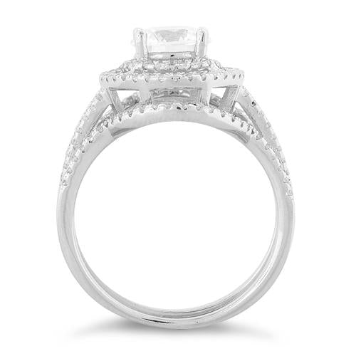 Sterling Silver Double Halo 3-Piece CZ Engagement Ring