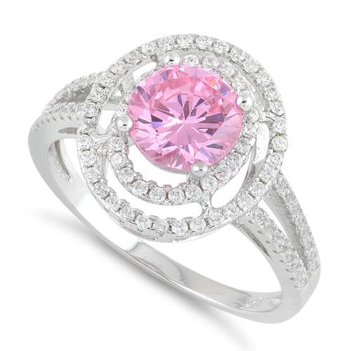 Sterling Silver Double Halo Round Pink CZ Ring
