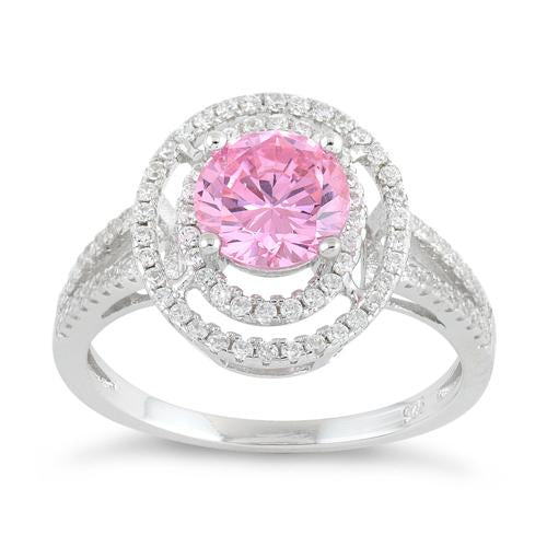 Sterling Silver Double Halo Round Pink CZ Ring