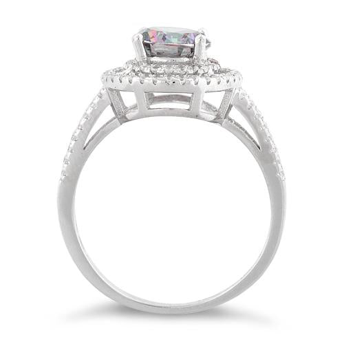 Sterling Silver Double Halo Round Rainbow Topaz CZ Ring