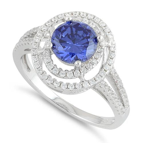 Sterling Silver Double Halo Round Tanzanite CZ Ring