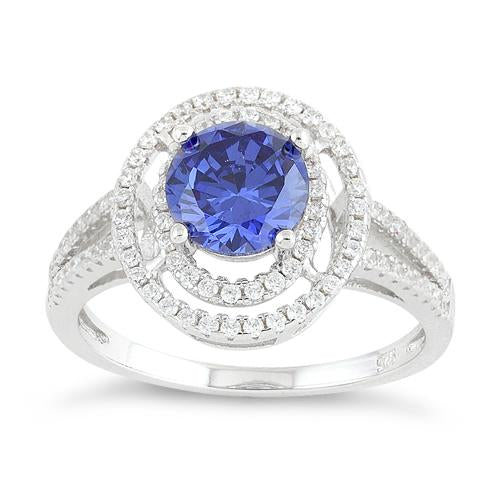Sterling Silver Double Halo Round Tanzanite CZ Ring