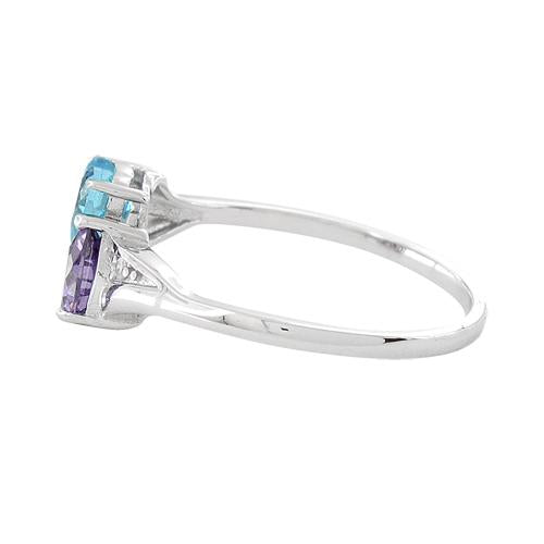 Sterling Silver Double Heart Amethyst CZ & Aquamarine CZ Ring