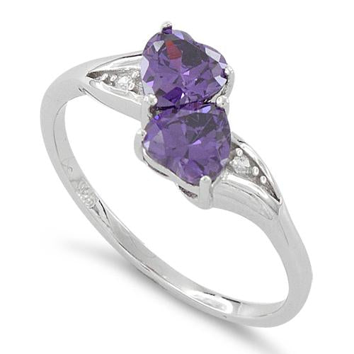 Sterling Silver Double Heart Amethyst CZ Ring