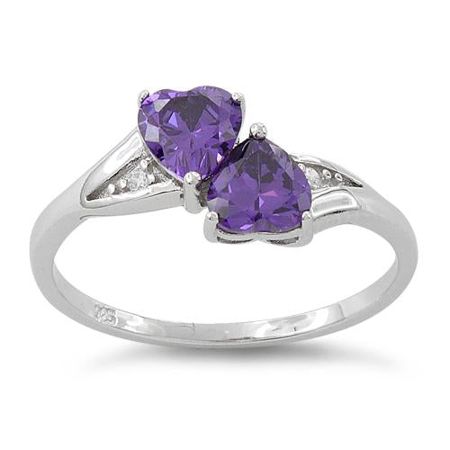 Sterling Silver Double Heart Amethyst CZ Ring