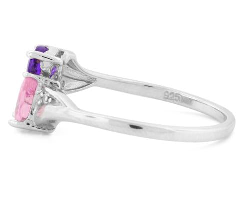 Sterling Silver Double Heart Amethyst & Pink CZ Ring