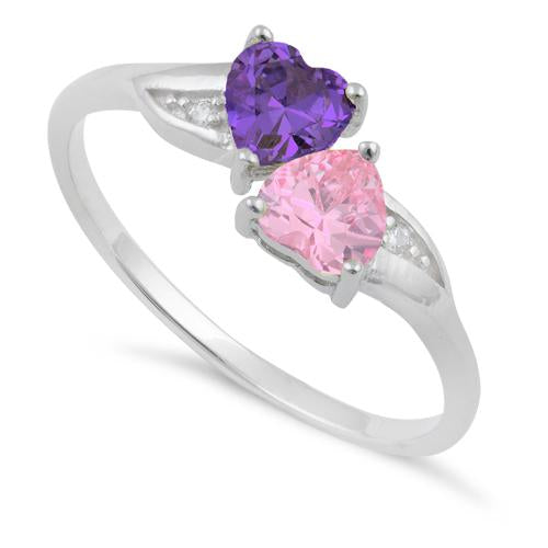 Sterling Silver Double Heart Amethyst & Pink CZ Ring