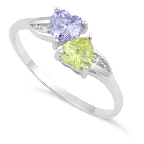 Sterling Silver Double Heart Apple Green & Lavender CZ Ring