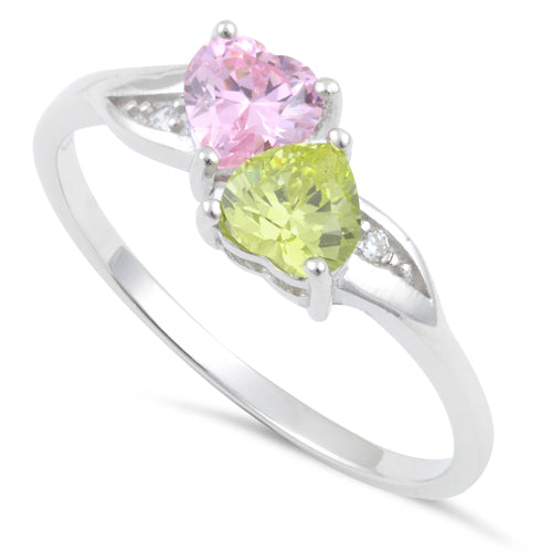 Sterling Silver Double Heart Apple Green & Pink CZ Ring