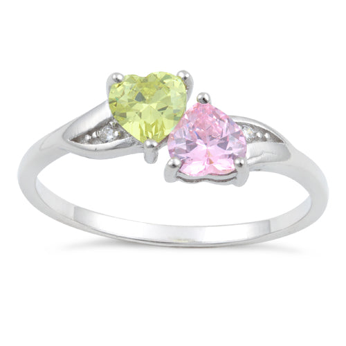 Sterling Silver Double Heart Apple Green & Pink CZ Ring