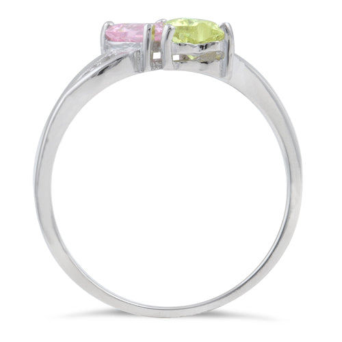 Sterling Silver Double Heart Apple Green & Pink CZ Ring