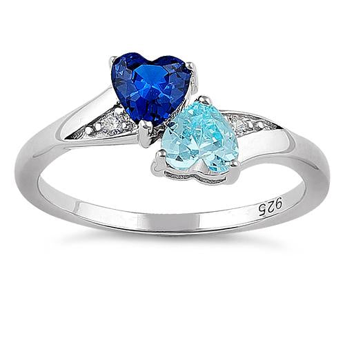 Sterling Silver Double Heart Blue Spinel & Aquamarine CZ Ring