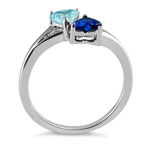 Sterling Silver Double Heart Blue Spinel & Aquamarine CZ Ring