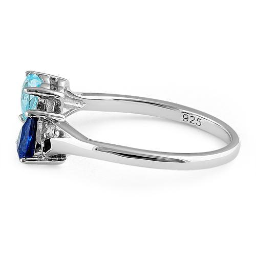 Sterling Silver Double Heart Blue Spinel & Aquamarine CZ Ring