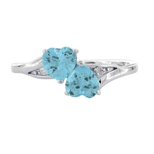 Sterling Silver Double Heart Aquamarine CZ Ring